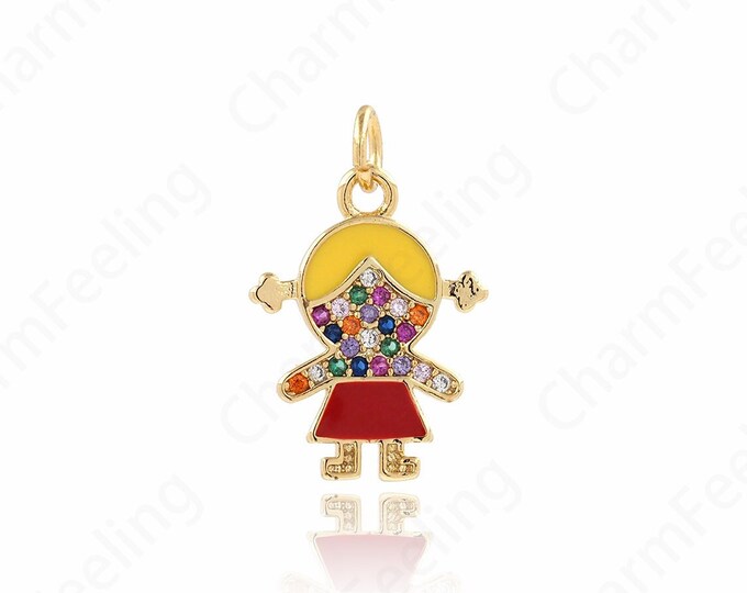 18K Gold Filled Girl Necklace, Enamel Charm,Girl Charm, Girl Pendant, Micropavé CZ Kids Charm, DIY Jewelry Supplies,21x14x1.5mm