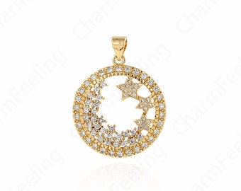 Polaris Schmuck,Pentagramm Anhänger,18K Gold Filled Runde Polaris Halskette,Micropavé CZ Disc Anhänger,DIY Schmuck Zubehör 30,5x24x4mm