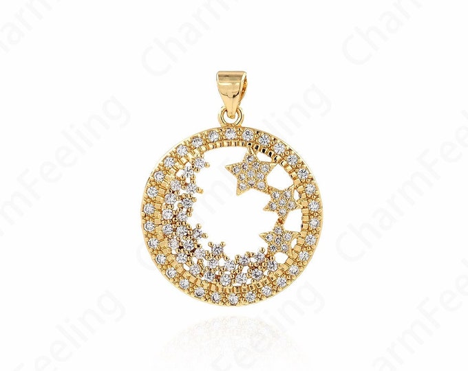 Polaris Jewelry,pentagram charm,18K Gold Filled Round Polaris Necklace,Micropavé CZ Disc Pendant,DIY Jewelry Accessories 30.5x24x4mm
