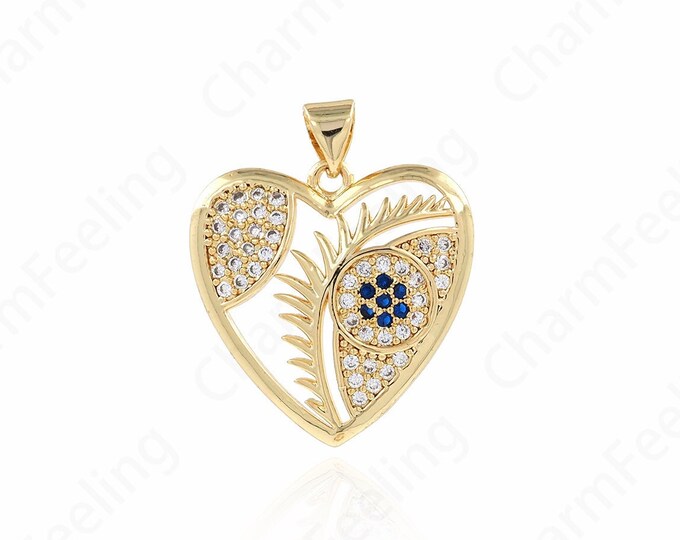 Heart Pendant, Eye Charm, 18K Gold Filled Love Necklace, Gift For Her, Lucky Eye Pendant, DIY Jewelry Supplies, 26.5x22x3.5mm