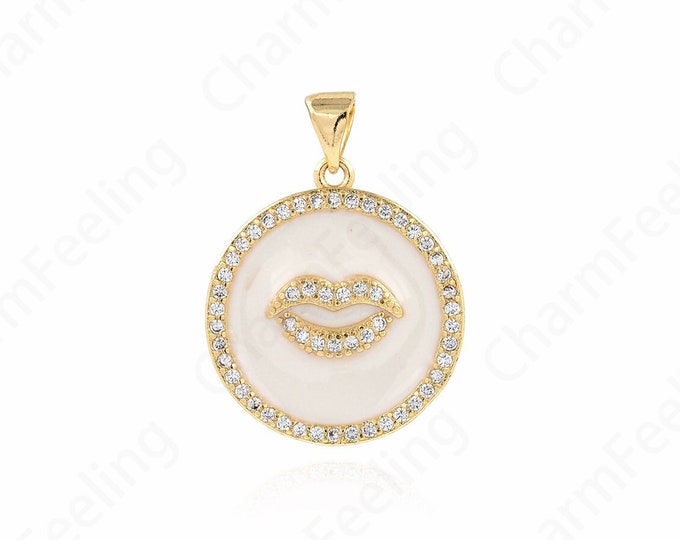 Round Lip Pendant,Micropavé CZ Lip Shape Charm,18K Gold Filled Lip Shape Pendant,DIY Jewelry Supplies, 20x26x3mm