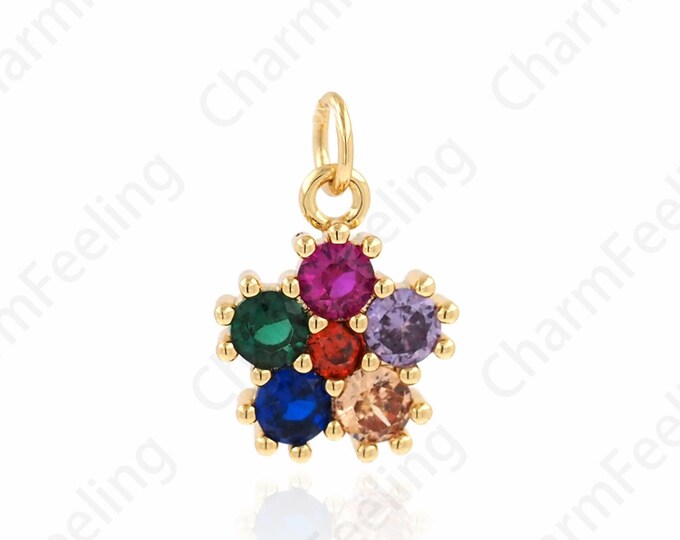 Flower Pendant, Pentagram Pendant, Flower Charm,18K Gold Filled Plant Necklace,Micropavé CZ Round Charm,DIY Jewelry Supplies,9.5x13.2x2.7mm