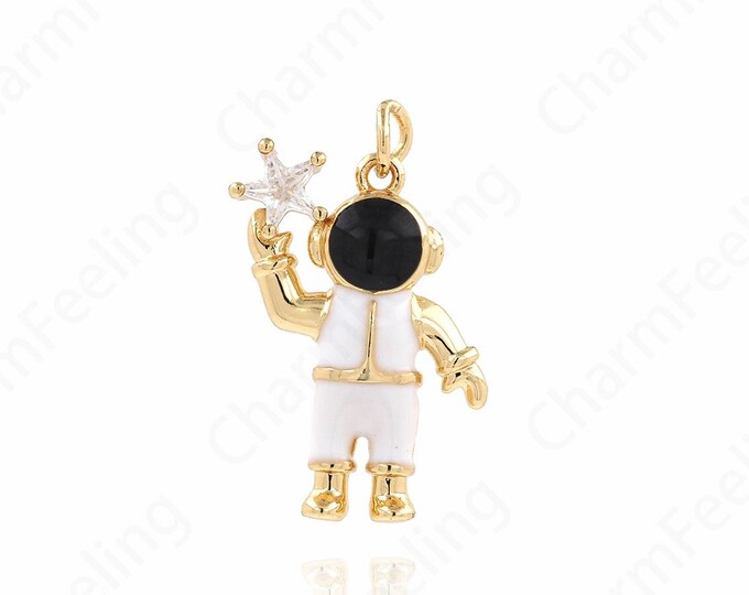 Micropavé CZ Astronaut Necklace, Enamel Astronaut Pendant, Space Charm, Enamel Charm,DIY Jewelry Making Accessories 26x13x2.5mm