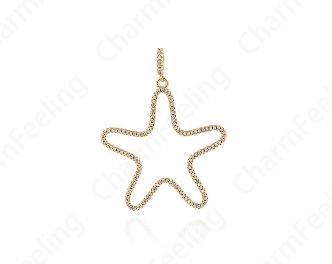 Lucky Star Pendant, Micropavé CZ Pentagram Charm, Star Pendant, 18K Gold Filled Lucky Star Charm, DIY Jewelry Supplies, 52x38x2.5mm