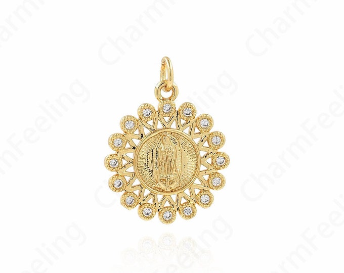 MicroPave CZ Saint Guadalupe Medal, Exquisite Virgin Mary Pendant, Virgin Mary Necklace, Religious Jewelry 24x18x2.5mm