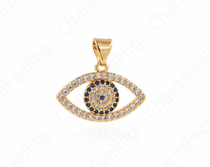 18K Gold Filled Eye Charm, Devil's Eye Pendant, Lucky Eye Necklace,Micropavé CZ Eye Necklace, DIY Jewelry Supplies,19x20x3mm