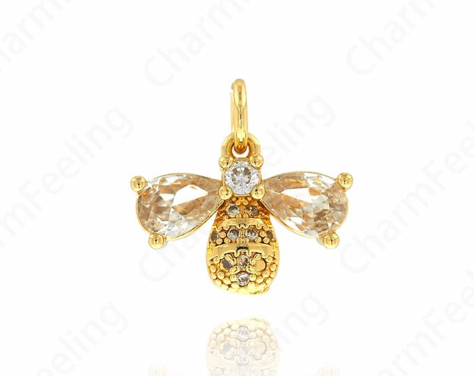 Bee Pendant, Insect Necklace, Micropavé CZ Bee Charm, 18K Gold Filled Animal Necklace, Animal Charm, DIY Jewelry Accessories, 14.5x14.5x3mm