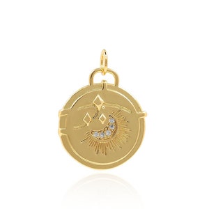 18K Gold Filled Round Pendant, Moon Pendant, Galaxy Charm, Crescent Charm, Micropavé CZ Polaris Pendant, DIY Jewelry Accessories, 23x17x2mm