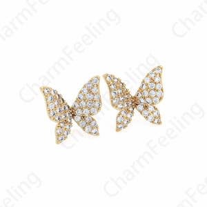 Butterfly Pierced Earrings, Micropavé CZ Butterfly Earrings, 18K Gold Filled With Butterfly Charm, Flying Earrings, A Gift For Her, 18x19mm