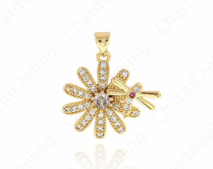 Micro Pave  CZ  Dragonfly Charm Flower Pendant,18K Gold Filled Dragonfly pendant,Insect pendant，DIY Handmade Gift 26x23x3.5mm