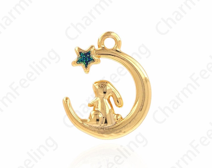 Crescent Charm, Rabbit Pendant, Micropavé CZ Moon Charm, 18K Gold Filled Animal Charm, DIY Jewelry Accessories, 13x16.5x2.5mm