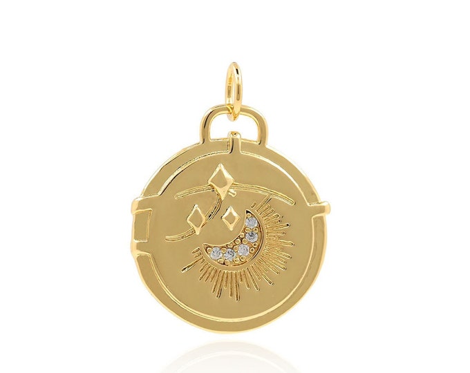 18K Gold Filled Round Pendant, Moon Pendant, Galaxy Charm, Crescent Charm, Micropavé CZ Polaris Pendant, DIY Jewelry Accessories, 23x17x2mm