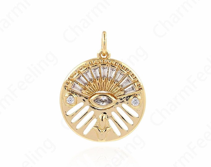 Micropavé CZ Eye Coin Necklace,18K Gold Filled Eye Pendant,Dainty Eye Charm,DIY Jewelry Making Accessories 22.5x18x2mm