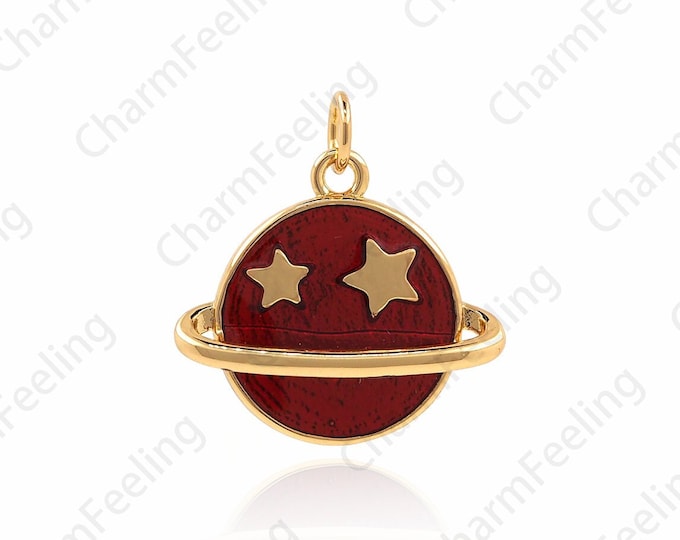 Enameled Universe Pendant, Red Enamel Necklace, 18K Gold Filled With Universe Charm, Enamel Star Necklace, Star Ring Pendant, 16x16x4mm