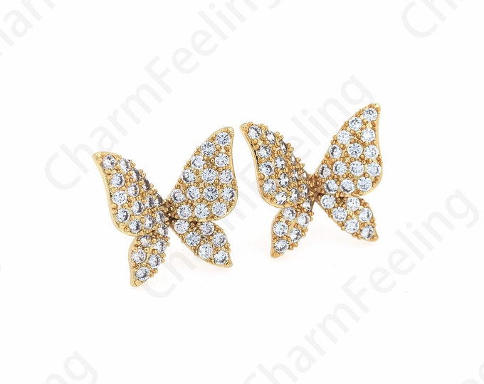 Butterfly Pierced Earrings, Micropavé CZ Butterfly Earrings, 18K Gold Filled With Butterfly Charm, Flying Earrings, A Gift For Her, 18x19mm