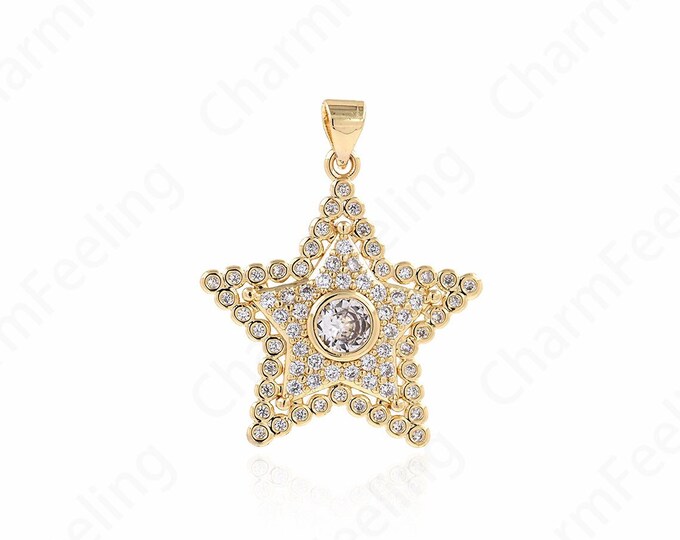 18K Gold Filled Star Jewelry, Celestial Charm, Pentagram Pendant, Micropavé CZ Star Charm, Dainty Pendant, DIY Jewelry Supplies, 31x25x3.5mm