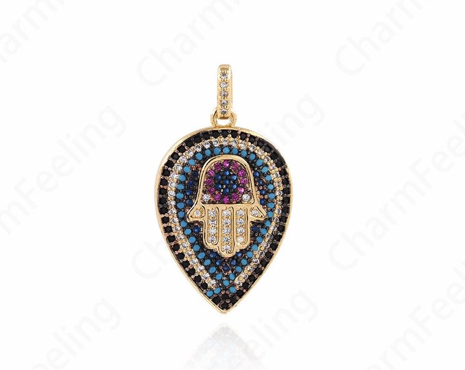 Waterdrop Pendant, Hamsa Charm, 18K Gold Filled Teardrop Charm, Hand Necklace, Micropavé CZ Hand Charm,DIY Jewelry Supplies, 29.5x34.5x3.5mm