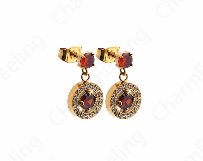 Pendant Earrings, 18K Gold Filled Round Earrings,Micro pavé CZ Simple Earrings,Gift for Her, Stainless Steel Earrings,17x9.7x3.5mm