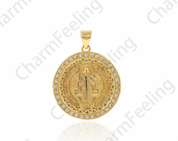 Saint Benedict Pendant, 18K Gold Filled Religious Pendant, Micropavé CZ Round Charm, DIY Jewelry Supplies,21.5x29x2.2mm