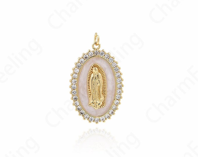 Enamel Charm,Micropavé CZ Strip Pendant, Virgin Necklace, 18K Gold Filled Virgin Mary Pendant, DIY Jewelry Components 35.5x21x3mm