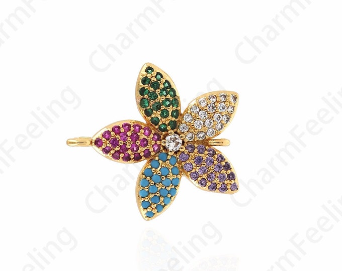 Flower Connector, Micropavé CZ Flower Charm, 18K Gold Filled Plant Connector, Charm Connector, DIY Jewelry Supplies, 18.5x20x2.7mm