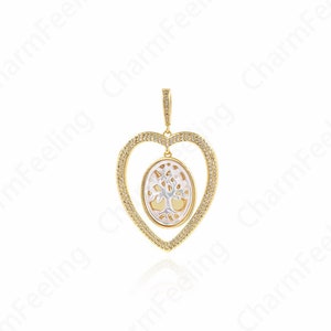 Encanto de concha, colgante de árbol de corazón, encanto de árbol de la vida lleno de oro de 18 quilates, collar de planta, encanto de amor, joyería de árbol, suministros de joyería de bricolaje, 49x31.5x3mm