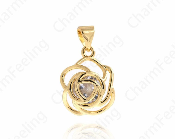 Micropavé CZ Plant Pendant,18K Gold Filled Flower Pendant,Flower Necklace,Plant Charm, DIY Jewelry Making Accessories, 21x12.5x5.1mm