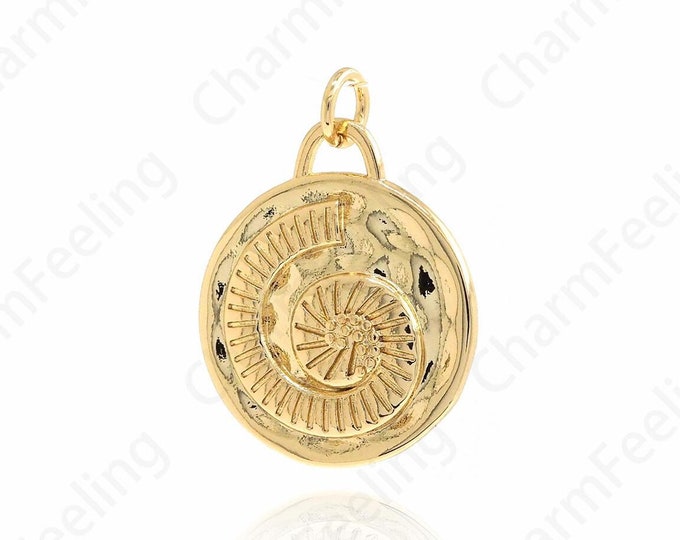 Fossil Charm, 18K Gold Filled Fossil Pendant, Snail Charm, Oval Charm, DIY Jewelry Supplies, 25.2x18.7x3mm