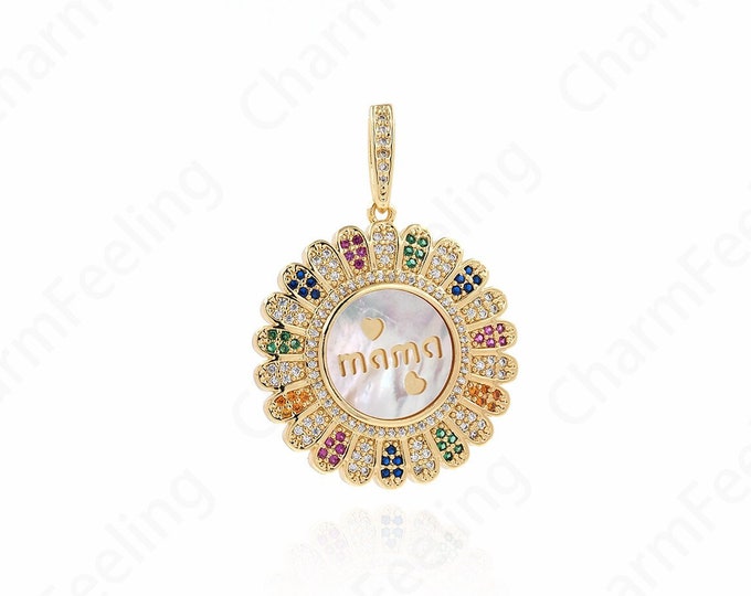 18K Gold Filled Virgin Mary Pendant,MicroPave CZ Mama Pendant,Round Virgin Mary Necklace, Religious Jewelry 42x30x4.5mm