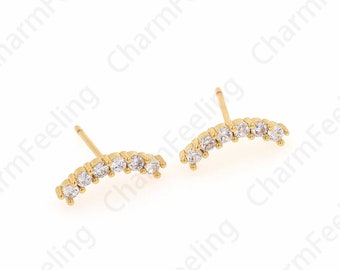 Rainbow Bridge Earrings, Micropavé CZ Curved Stud Earrings, 18K Gold Filled Rainbow Earrings, DIY Jewelry Supplies, 13.5x14.5x43mm