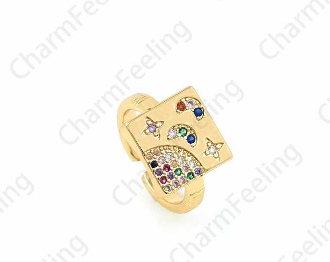 Square Rings, 18K Gold Filled Signet Rings, Micro Pavé CZ Adjustable Rings, Gold Rings, Open Rings, Fashion Rings
