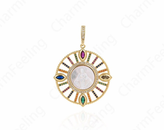 18K Gold Filled Virgin Mary Pendant,MicroPave CZ Saint Guadalupe Medal,Round Virgin Mary Necklace, Religious Jewelry 48x35x4mm