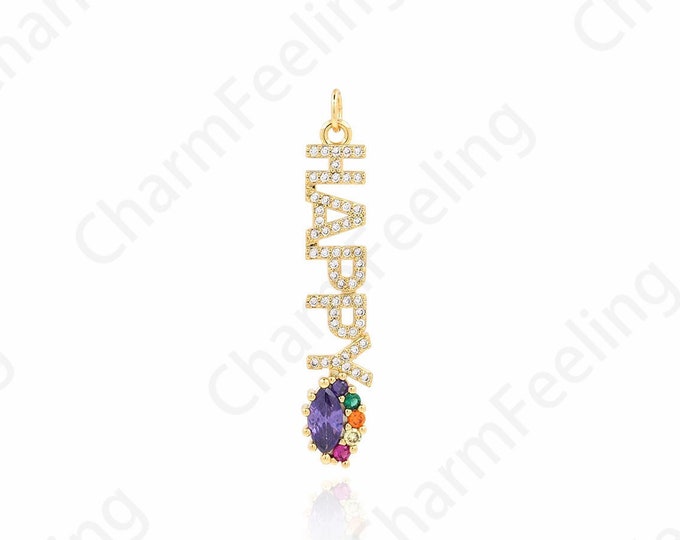 Micropavé CZ Happy Charm,18K Gold Filled Long Necklace,Long Happy Pendant,Letter Pendant,Happy Necklace,DIY Jewelry Accessories 43x7x3mm