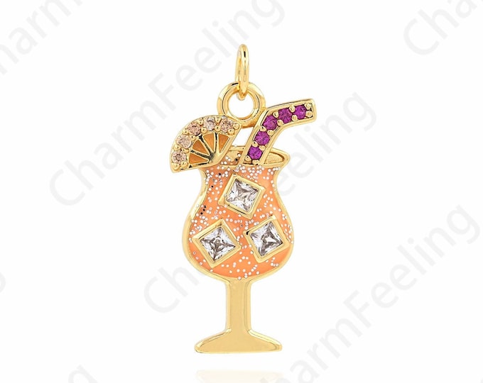Wine Glass Pendant,Enamel Charm,Juice Necklace, 18K Gold Filled Drink Pendant, Micropavé CZ Cup Pendant,DIY Jewelry Supplies, 27.5x13x2.8mm