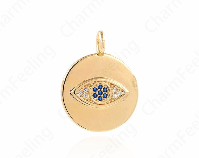 Micropavé CZ Eye On Coin Necklace,Eye Charm, Eye Medal, 18K Gold Filled Eye Pendant,DIY Jewelry Making Accessories 25.5x20x2mm