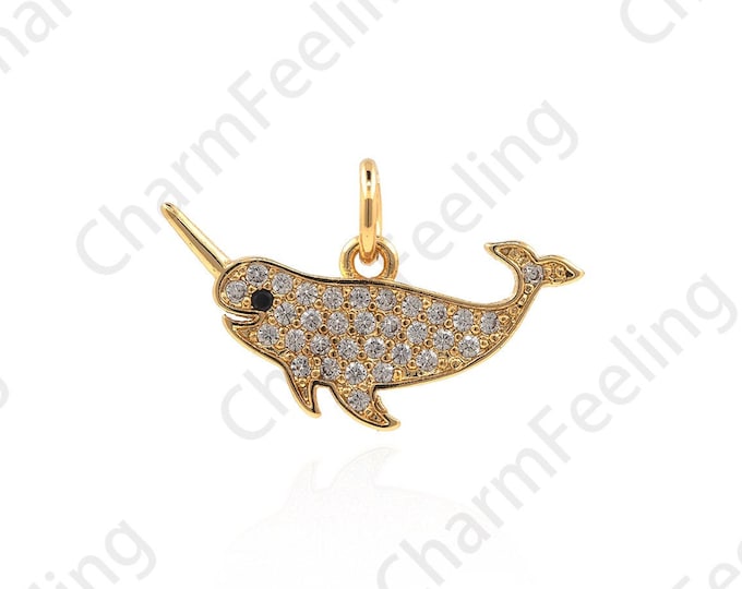 18K Gold filled CZ Narwhal Pendant, Whale Necklace, Narwhal Charm, Animal Ornaments, DIY Jewelry Accessories 12x20x1.4mm