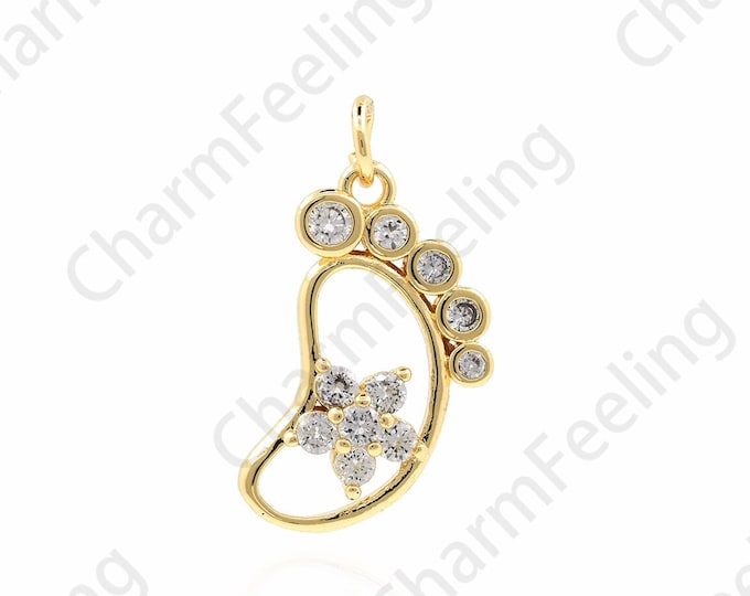 18K Gold Filled Footprint Pendant, Foot Necklace, Micropavé CZ Footprint Charm, Foot Necklace, DIY Jewelry Making Accessories, 24x12.5x4mm