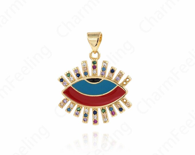 Micropavé CZ Eye Pendant, Lucky Eye Necklace, 18K Gold Filled Devil's Eye Pendant, Enamel Charm, DIY Jewelry Supplies, 26x21x2.5mm