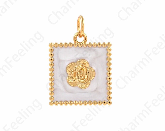 Enamel Green Leaf Necklace, 18K Gold Filled Square Pendant, Enamel Pendant, DIY Jewelry Accessories, 13.8x19.5x3.3mm