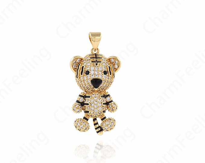 Tiger Pendant, Micropavé CZ Tiger Charm, 18K Gold Filled Animal Charm, Wild Animal Pendant, DIY Jewelry Supplies, 33.5x16.5x8mm