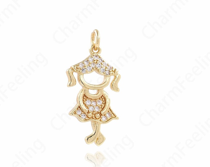 18K Gold Filled Girl Necklace, Micropavé CZ Kids Charm, Girl Charm, Girl Pendant, DIY Jewelry Supplies, 26x13x2.5mm