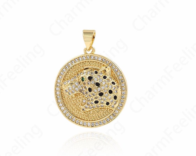 Round Leopard Pendant, 18K Gold Filled Leopard Head Necklace, Leopard Charm,Animal Charm,DIY Jewelry Supplies, 28x22x5mm