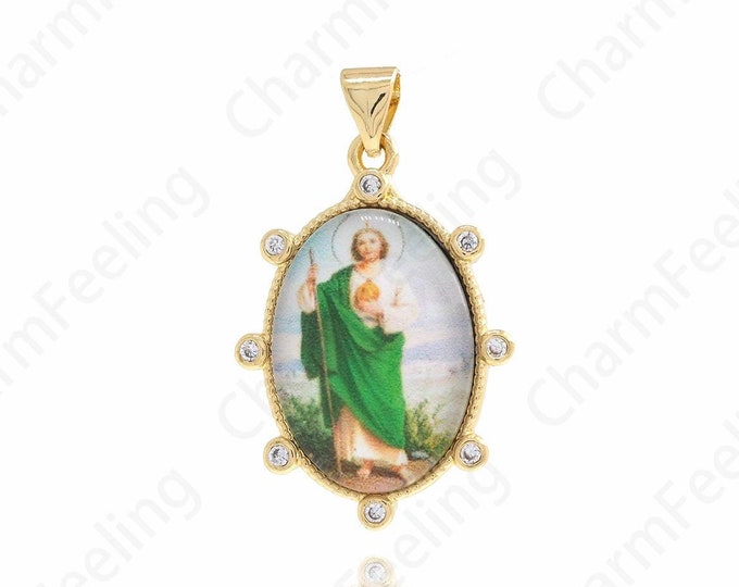 Micropavé CZ Saint Jude Thaddeus Necklace,18K Gold Filled St.Jude Medallion Pendant,DIY Jewelry Supplies,29.5x18x5.8mm
