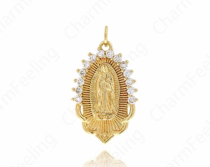 Micropavé CZ Oval Maria Pendant, Catholic Charm, Our Lady Pendant, 18K Gold Filled Madonna Charm,DIY Jewelry Supplies, 28.5x16.5x3.5mm
