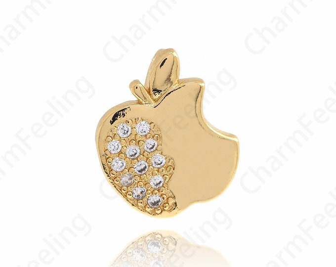 Gold Apple Pendant,Micropavé CZ Apple Necklace, 18K Gold Filled Fruit Necklace, Fruit Charm, Apple Charm, Apple Necklace, 19.5x16.5x5.6mm