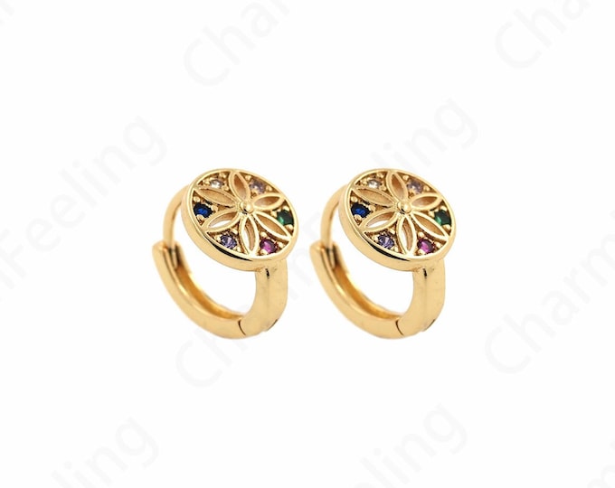 Flower Earrings,Pierced Earrings,Micropavé CZ Flower Charm,18K Gold Filled Round Earrings,DIY Jewelry Supplies,9.5x12.7x13.6mm