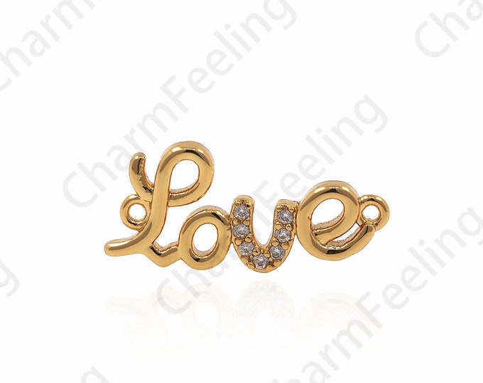 Gold Dainty Love Pendant,Pave CZ Love Word Connector For Necklaces Making 8.5x18x1.6mm 1pcs