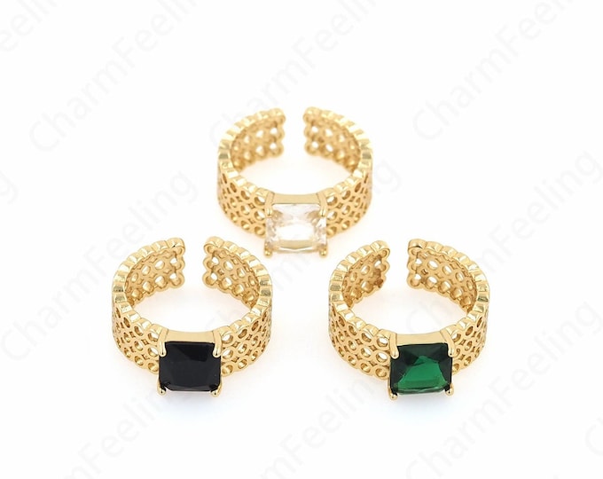 Square Rings, 18K Gold Filled Adjustable Rings, Micropavé CZ Everyday Rings, Round Rings, Gold Open Rings, DIY Jewelry Supplies
