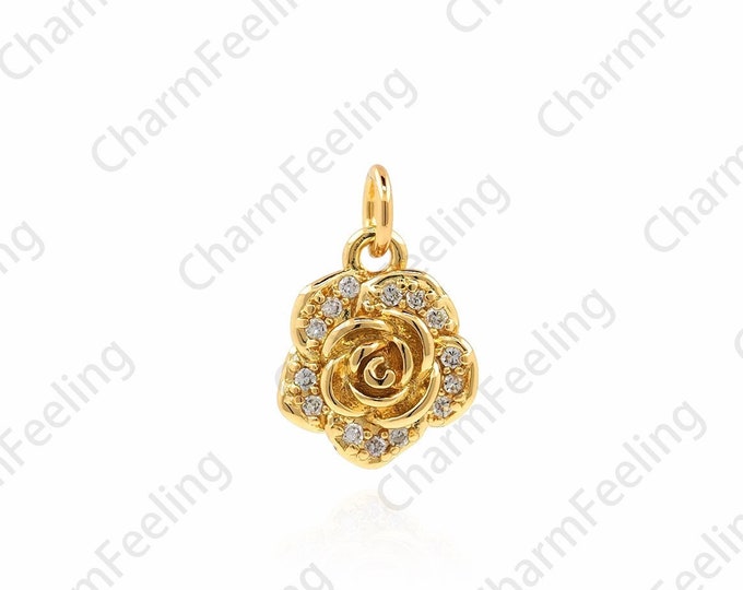 18K Gold Filled Plant Necklace, Micropavé CZ Rose Pendant, Rose Charm, Rose Necklace, Plant Charm, 13x9x3mm