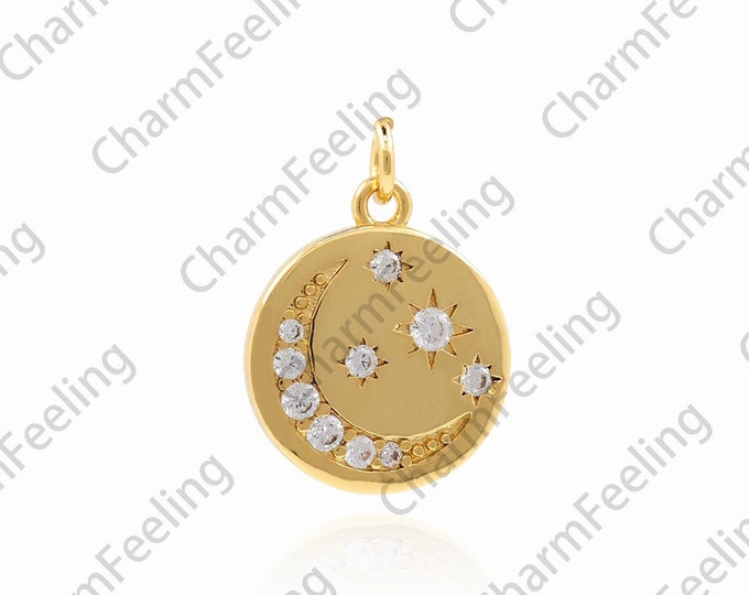 18K Gold Filled Star and Moon Pendant, Crescent Moon Charm, Micropavé CZ Moon Pendant, Star Charm, DIY Jewelry Accessories, 17x12x1.8mm